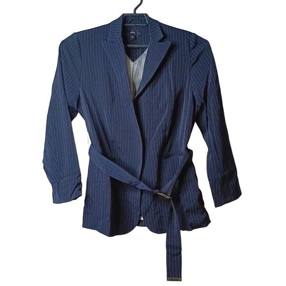 Ellos Womens Pinstripes Blazer With Belt Navy‎ Blue And White Size 12 - Picture 1 of 9